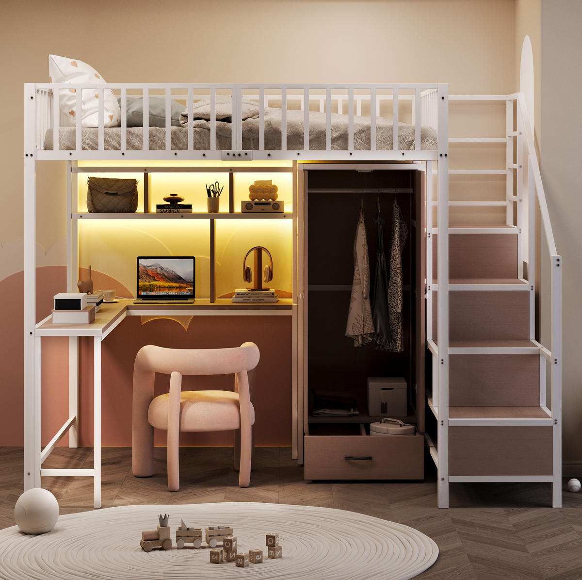 HOCHBETT 140/200 cm Weiß mit Schreibtisch, Kleiderschrank und LED-Beleuchtung - Weiß, Metall (140/200cm) - Flora Grace