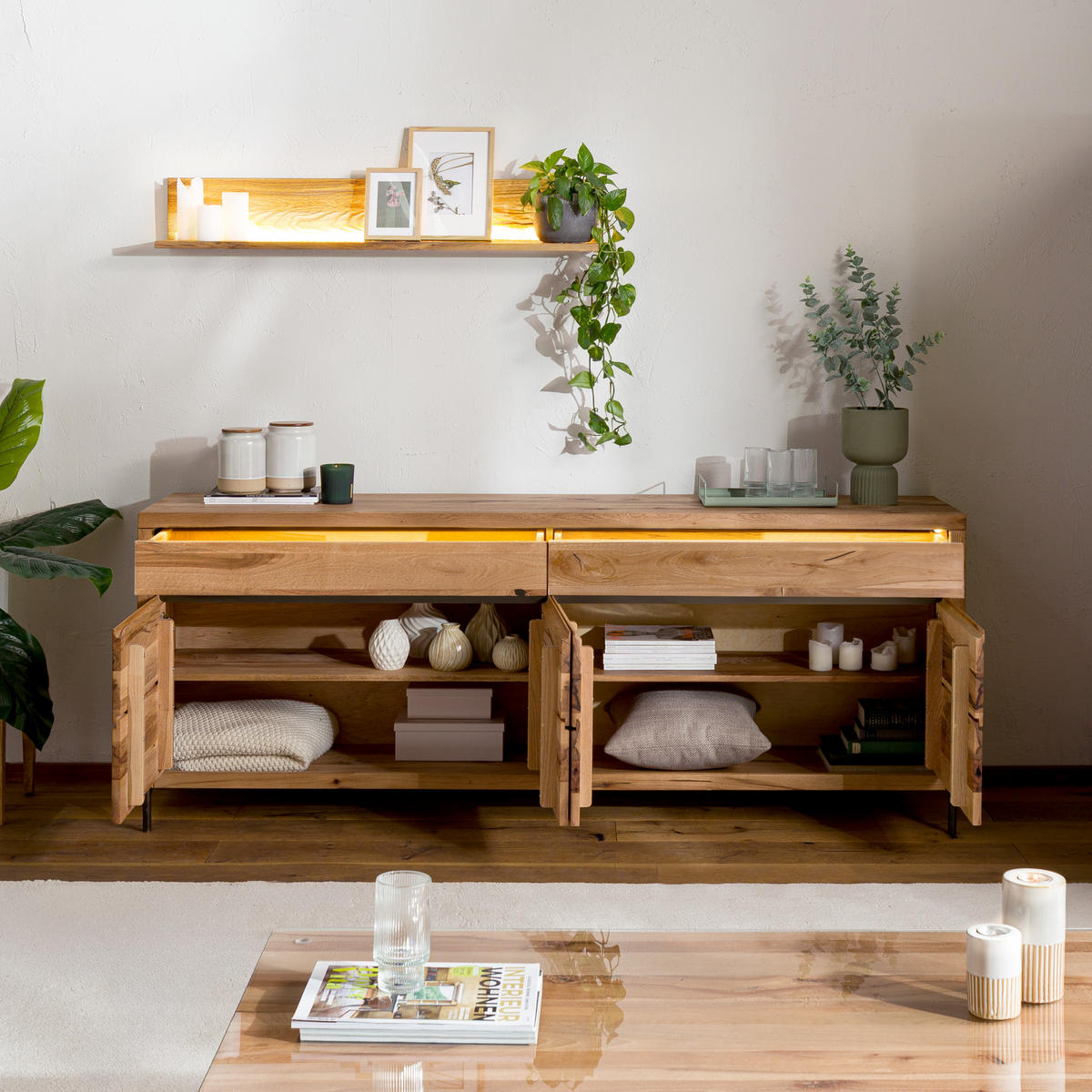 SIDEBOARD Wild-/Zerreiche 202x47x80 natur geölt MONTREUX LUX #101 - Naturfarben, Holz (202/80/47cm) - Massivmoebel24