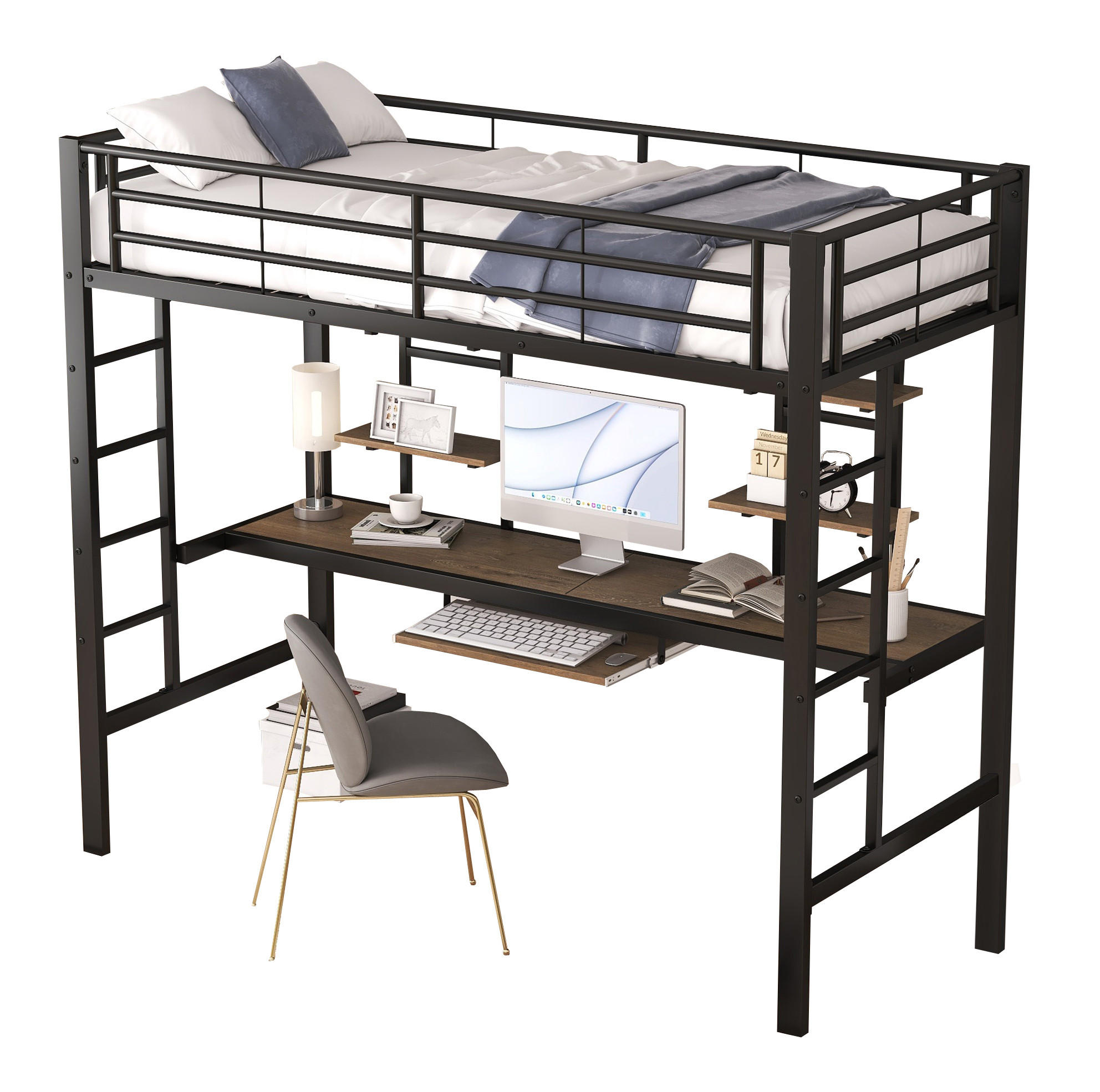 HOCHBETT 90/200 cm Schwarz aus Metall mit Schreibtisch und 2 Regalen - Schwarz, Metall (90/200cm) - OKMYHOME