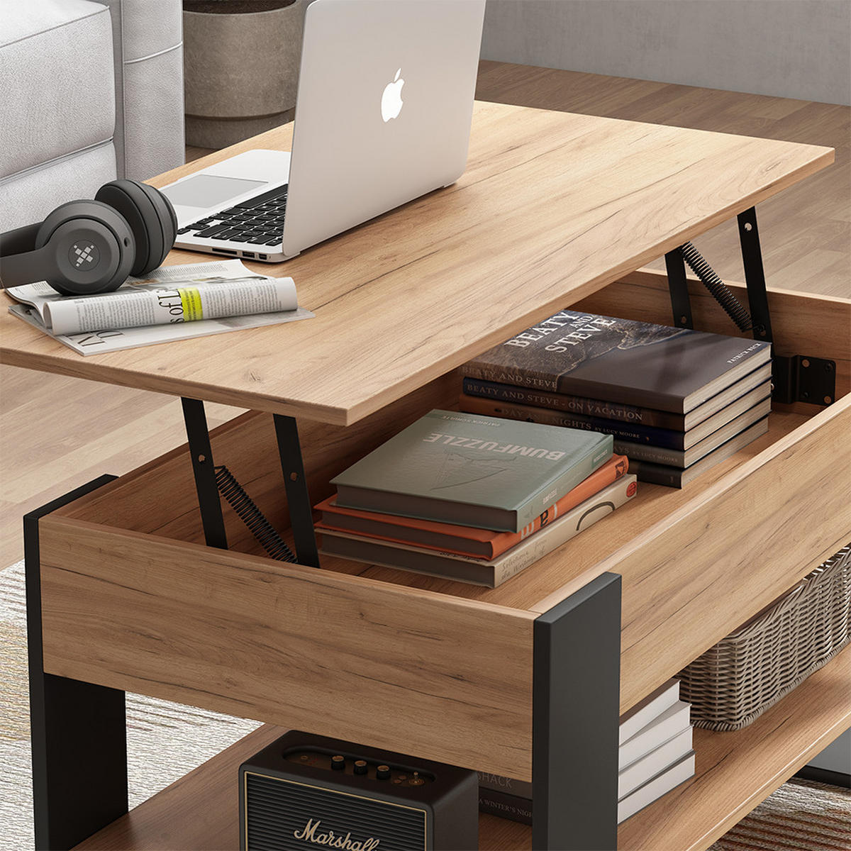 COUCHTISCH Lifto Eiche/Anthrazit 92 x 51 cm mit Liftfunktion - Anthrazit/Grau, Holzwerkstoff (51/92/47cm) - Vicco