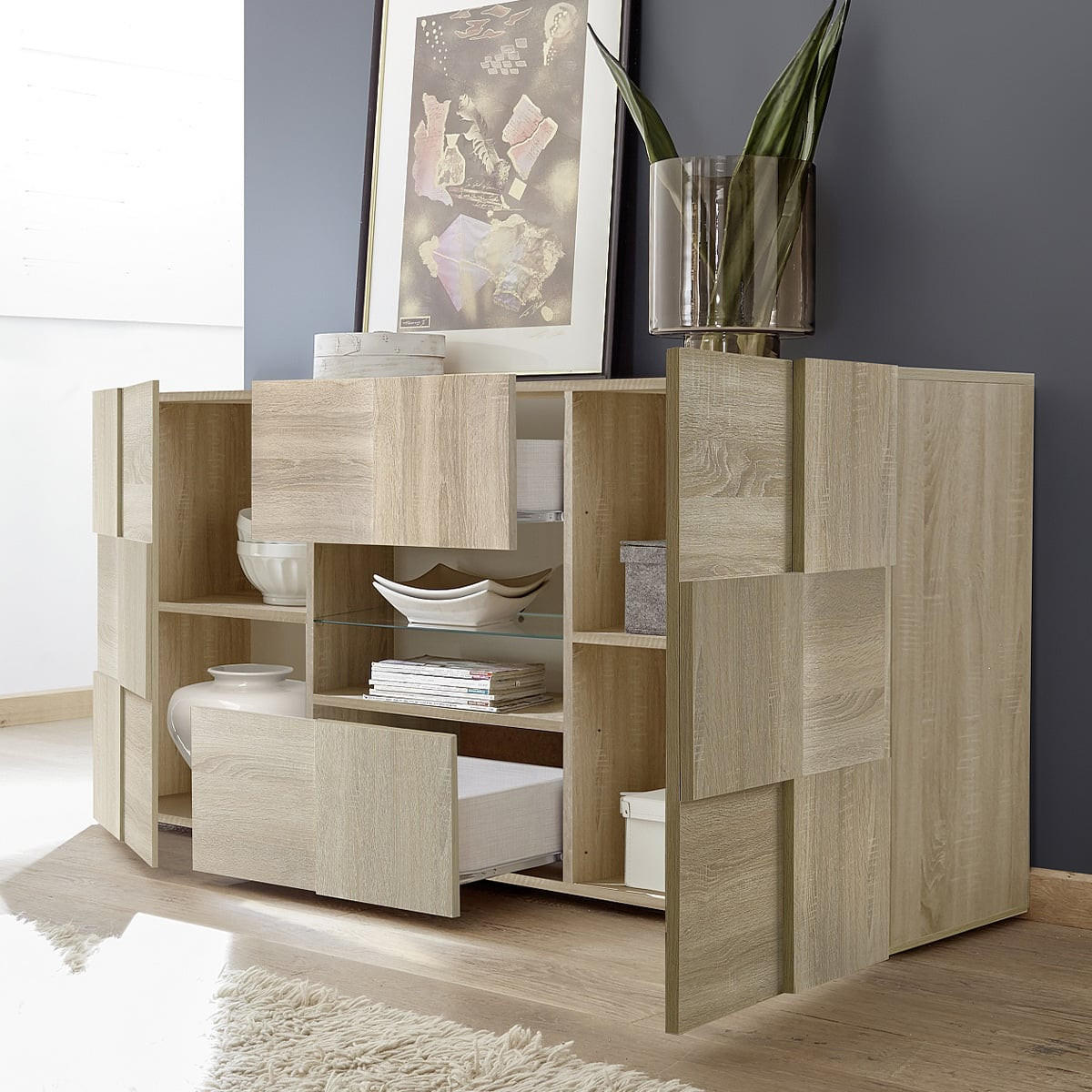SIDEBOARD mit 2 Türen und 2 Schubladen L181 cm - Dama - Eichefarben, Holzwerkstoff (84/43/181cm) - Calicosy