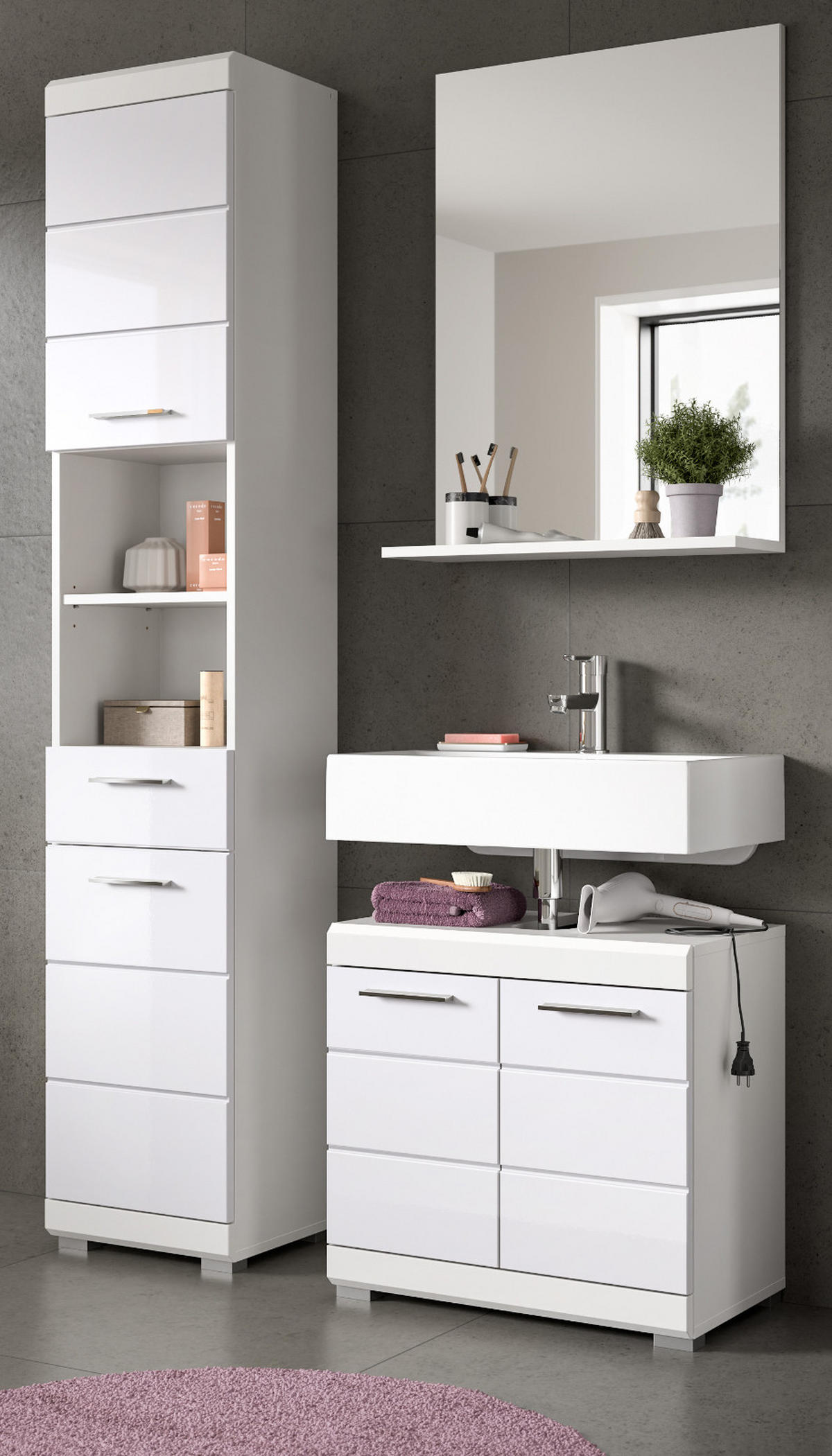 BADMÖBEL-SET weiß Hochglanz 3-teilig 112 cm, Komplettset mit viel Stauraum - Weiß Hochglanz, Glas/Holzwerkstoff (112/191/34cm) - Inn.Furn