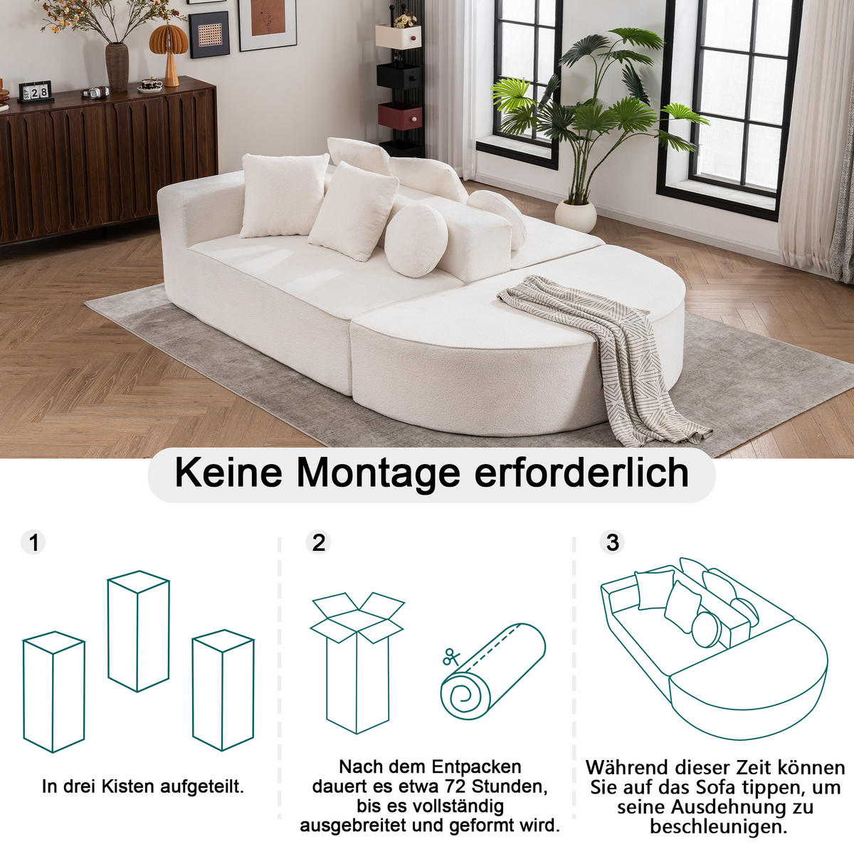 WOHNLANDSCHAFT Chenille Weiß ohne Montage und mit Kissen - Weiß, Textil (263/66/171cm) - WISHDOR