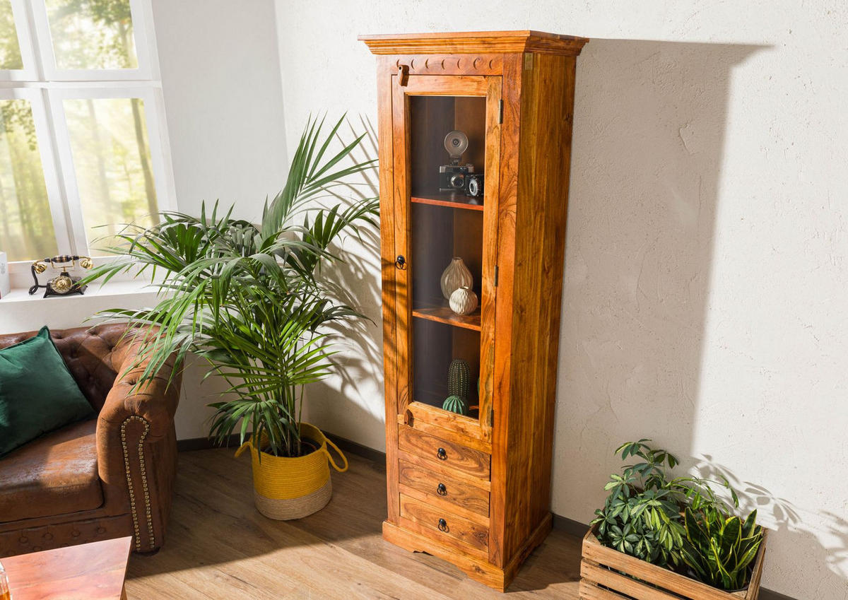 VITRINE Akazie 60x44x190 honig lackiert OXFORD #0528 - Braun, Holz (60/190/44cm) - Massivmoebel24