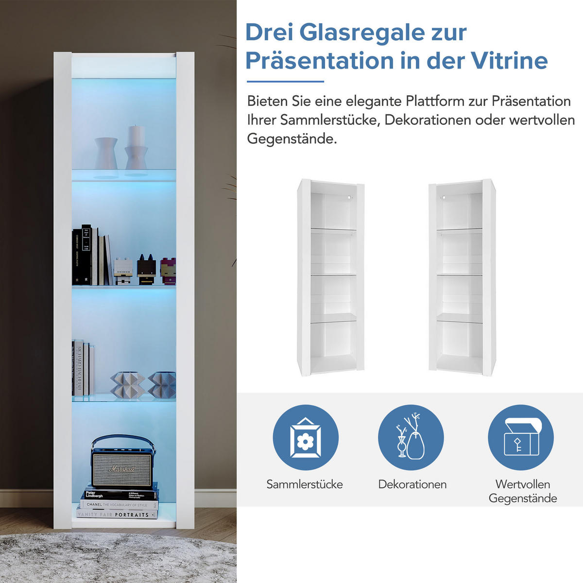 VITRINE 55/38/166 cm weiß aus Spanplatte mit Hochglanz und LED - Weiß, Holzwerkstoff (55/166/38cm) - OKWISH