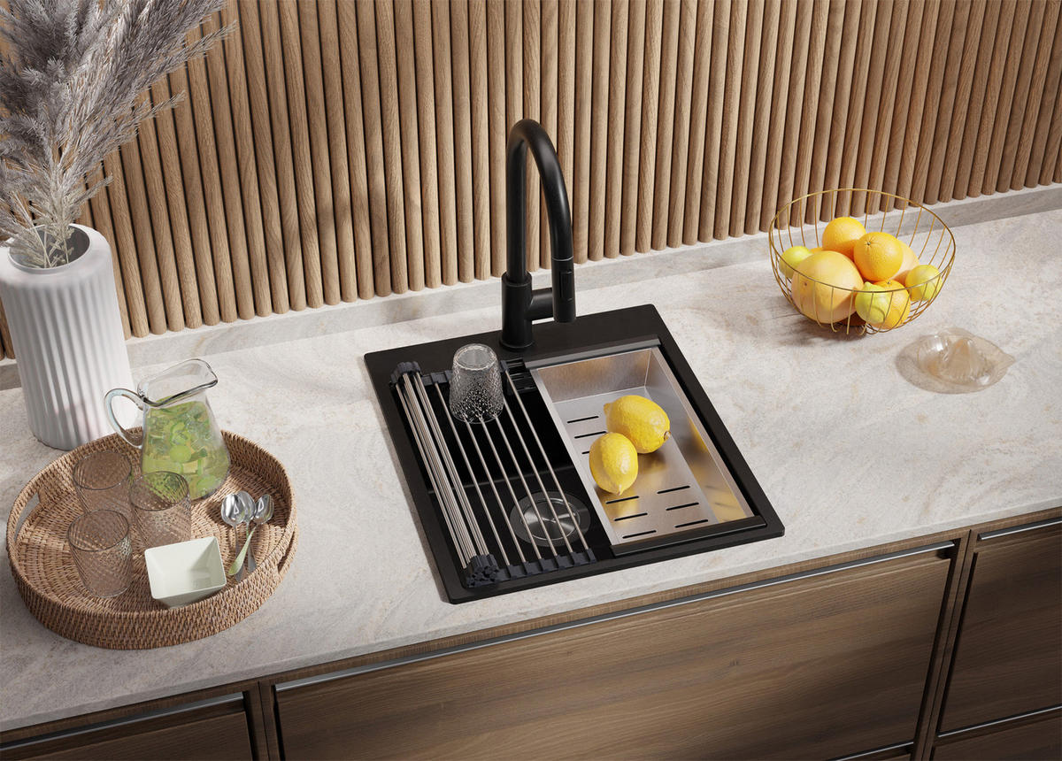 SPÜLBECKEN Oslo, 2-er set Alles Schwarz 43/50 cm 1 Becken + Ablauf-Set + Schneidebrett ab 45er Unterschrank - Schwarz, Kunststoff (43/20/50cm) - Primagran