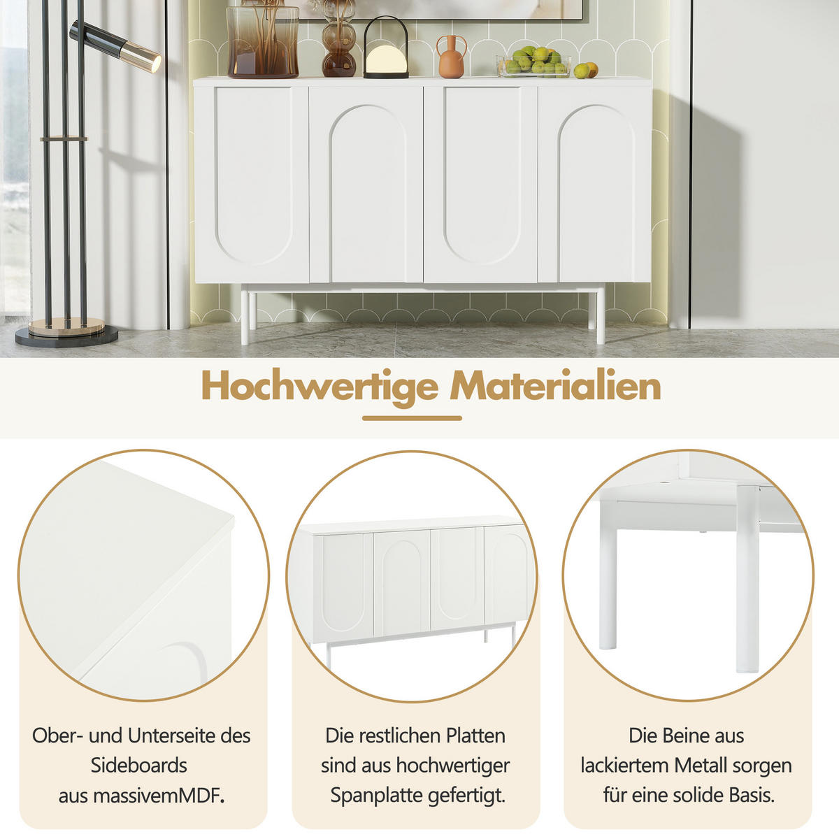 SIDEBOARD in Weiß Anrichte mit 4 Türen im Bogenmuster für Esszimmer und Wohnzimmer, B140/T42/H80 cm - Weiß, Holzwerkstoff/Metall (140/80/42cm) - STILVORA