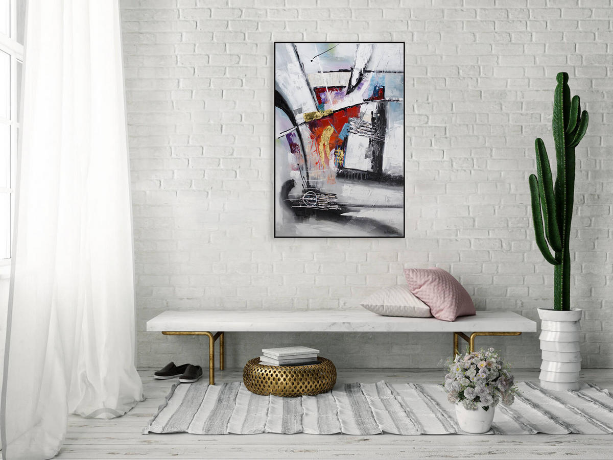 RUČNE MAĽOVANÝ AKRYLOVÝ OBRAZ 80/120 cm, sivý, abstraktný geometrický motív - sivá, drevo/textil (80/120cm) - KUNSTLOFT