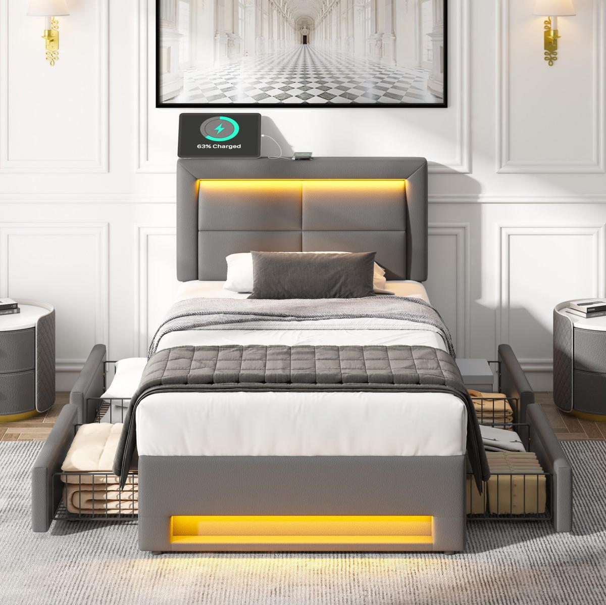 POLSTERBETT 90/200 cm Grau mit LED-Beleuchtung, USB-Ladefunktion und 4 Schubladen - Grau, Kunststoff (90/200cm) - Flora Grace