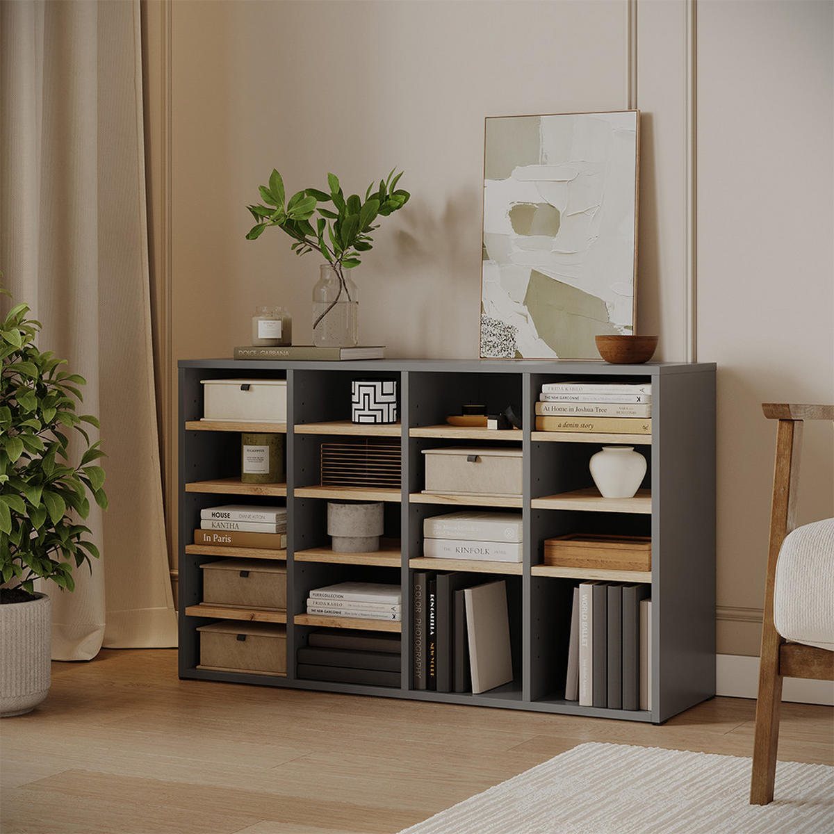 SCHUHSCHRANK Lysander, Anthrazit/Goldkraft Eiche, 104.2 x 65.5 cm mit 18 offenen Fächern - Honigeiche/Anthrazit, Holzwerkstoff (104.2/65.5/32.1cm) - Vicco