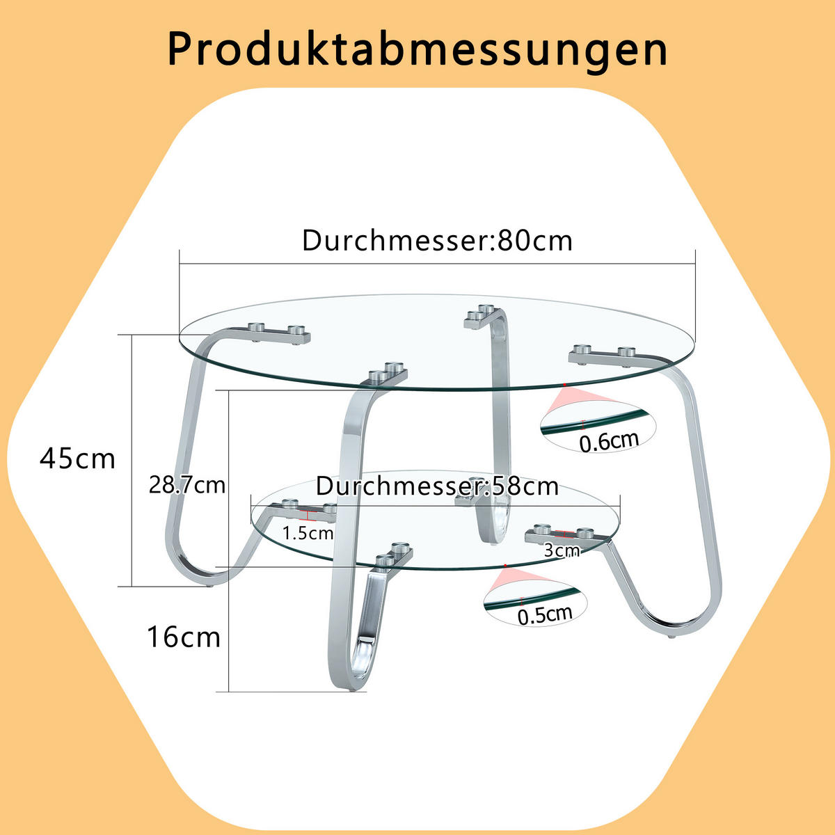 COUCHTISCH DE-207 Retro Minimalistisch Metallrahmen Silberfarben - Transparent, Metall (80/80/45cm) - ComfortXL