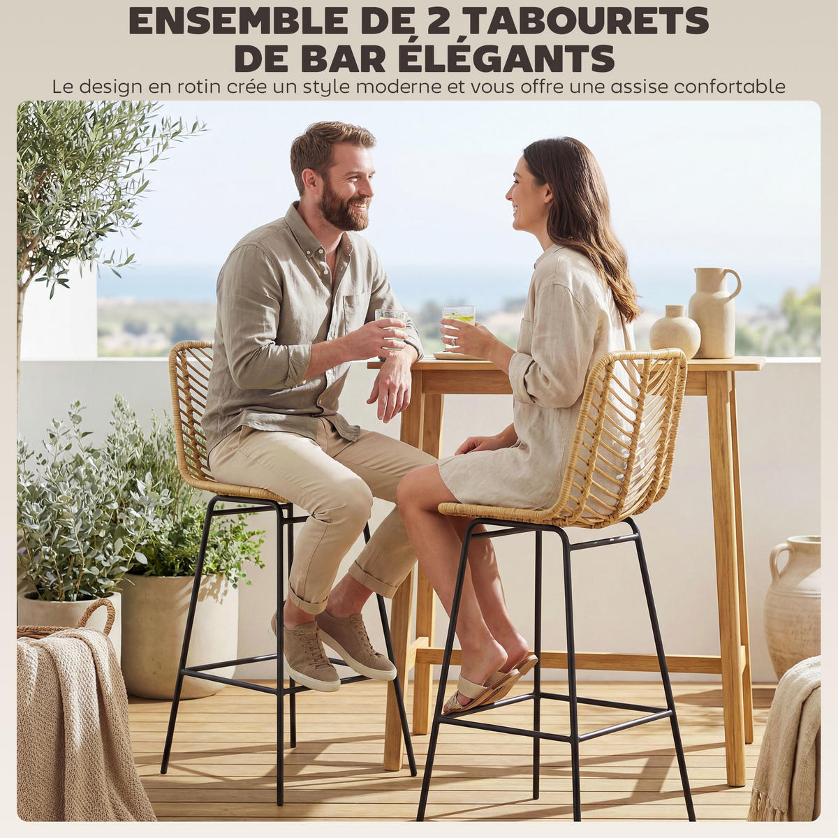 BARHOCKER 2er-Set DE-14715 Boho-Design mit PE-Rattan & Fußstütze Natur - Gelb, Metall (52/102/42.5cm) - ComfortXL