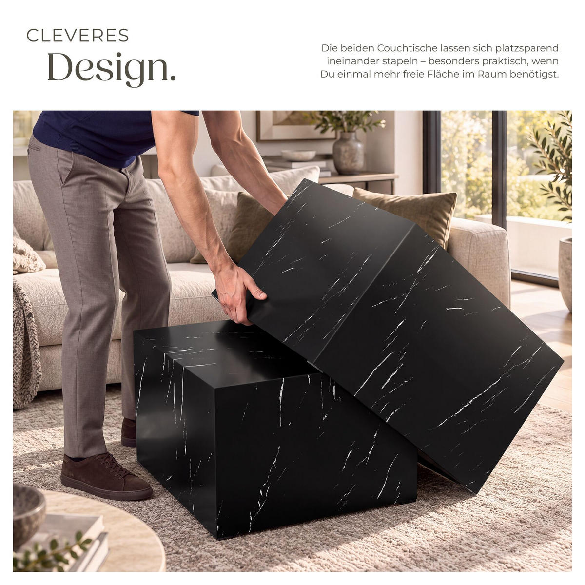 COUCHTISCH 2er Set Lacey, inkl. Filzschoner, Belastbarkeit 45 kg, Marmor Optik schwarz - Schwarz, Holz (60/60/40cm) - tectake