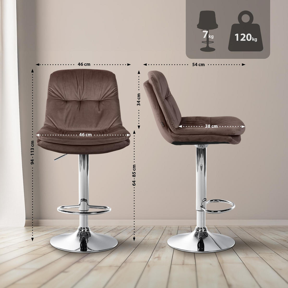 BARHOCKER Samt braun - Schwarz/Braun, Textil (46/94/54cm) - CLP