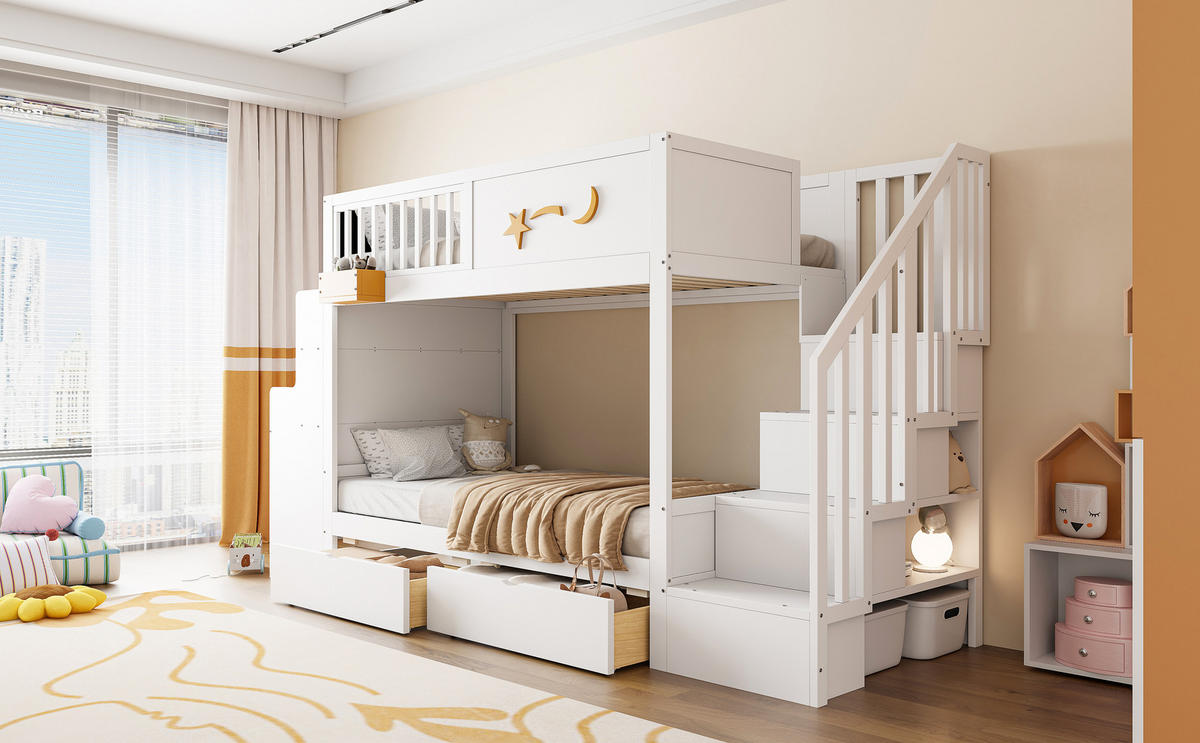 PATROVÁ POSTEL 90/200 cm v bílé barvě s psacím stolem a úložným prostorem - bílá, dřevo/kompozitní dřevo (90/200cm) - CHICFURN