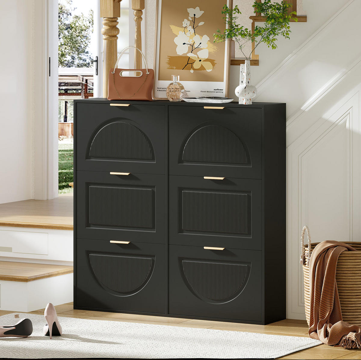SCHUHSCHRANK 118/25/115 cm in Schwarz mit 6 Klappen und offenen Ablagen - Schwarz, Holzwerkstoff (118/115/25cm) - Flora Grace