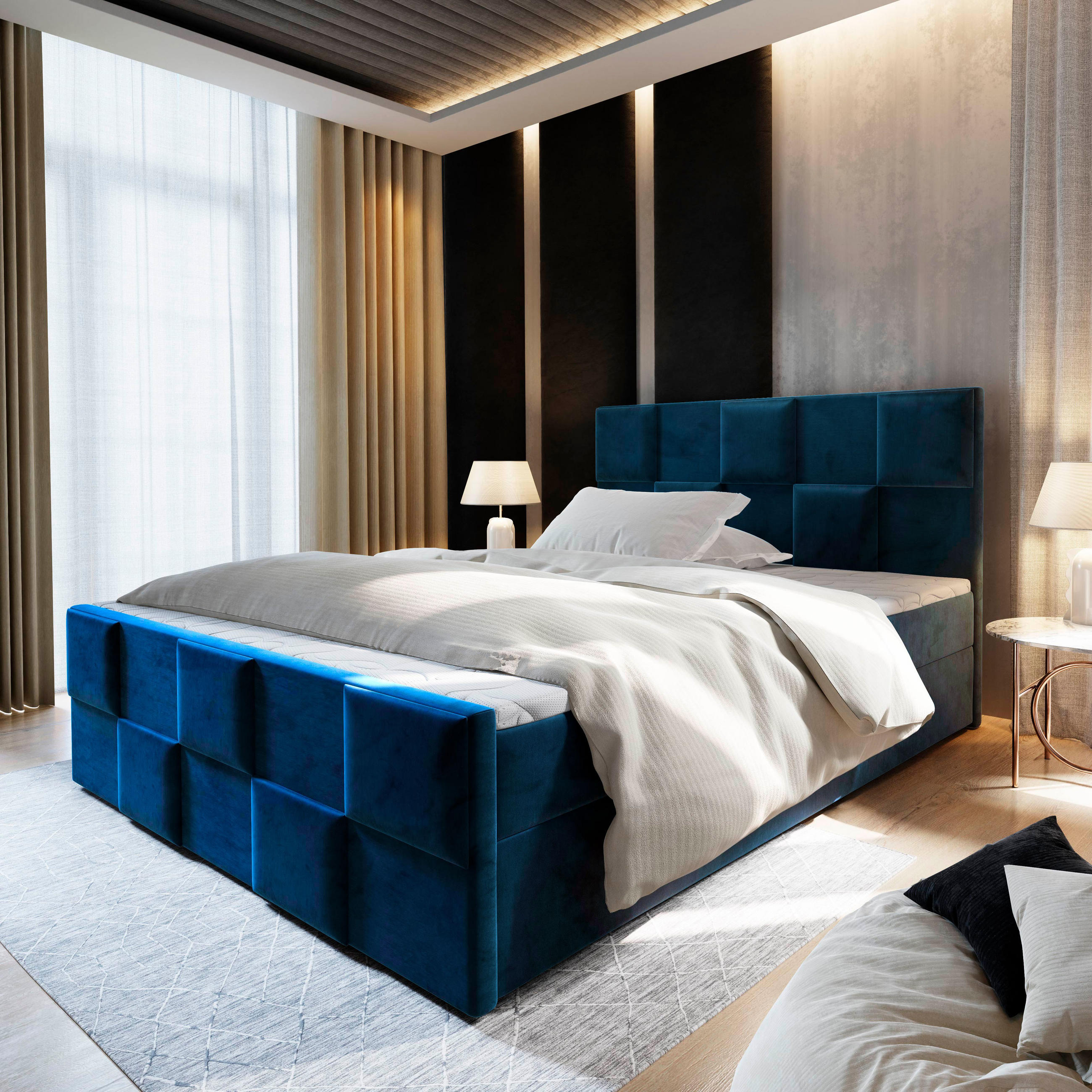 BOXBETT MONA 160x200 cm mit Matratze und Topper - Blau - Blau, Holz (160/200cm) - MASSENO