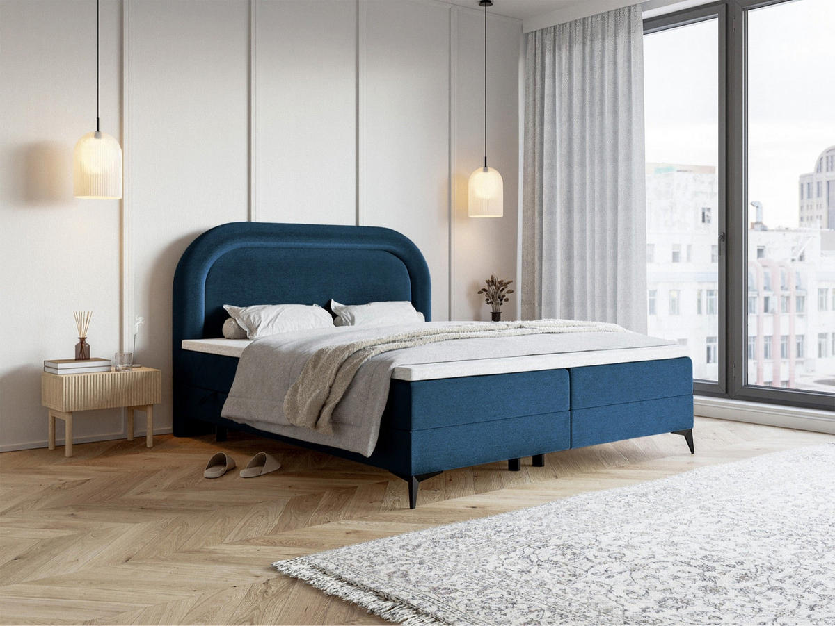BOXBETT LOREO Dunkelblau Samt wasserfest 160x200 cm - Schwarz/Dunkelblau, Holz/Textil (160/200cm) - Selsey
