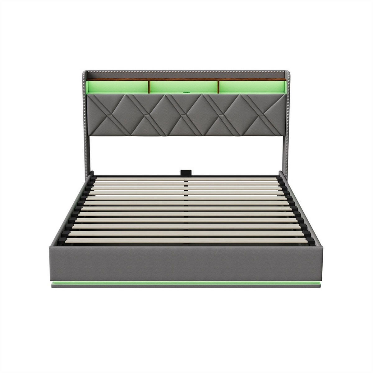 POLSTERBETT 140x200cm mit hydraulischer Hebefunktion - USB Type-C und LED-Beleuchtung - ohne Matratze - Grau - Grau, Textil (140/200cm) - DELFA