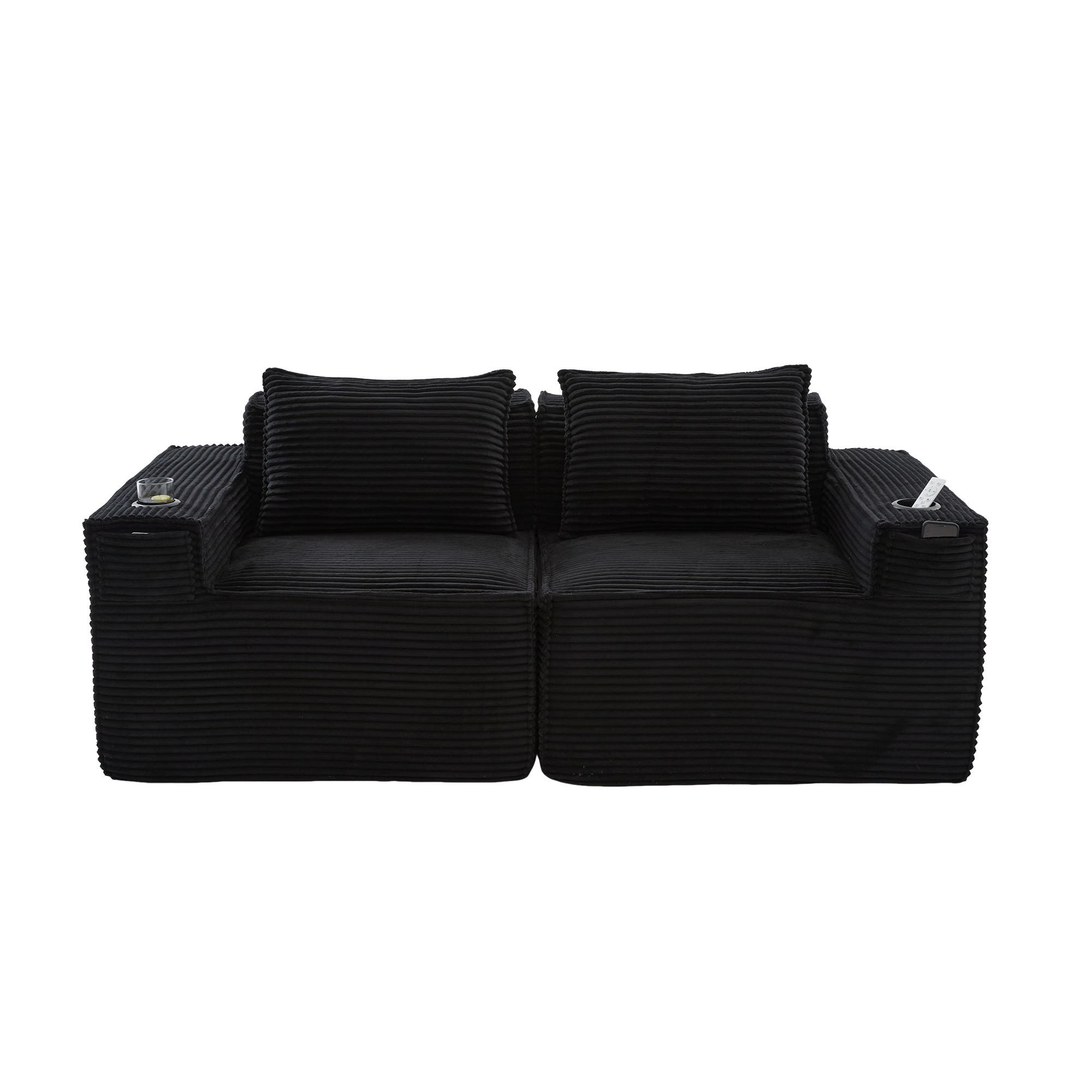 2-SITZER-SOFA DE-33835 modular mit Getränkehaltern Schwarz - Schwarz, Textil (188/75/90cm) - ComfortXL