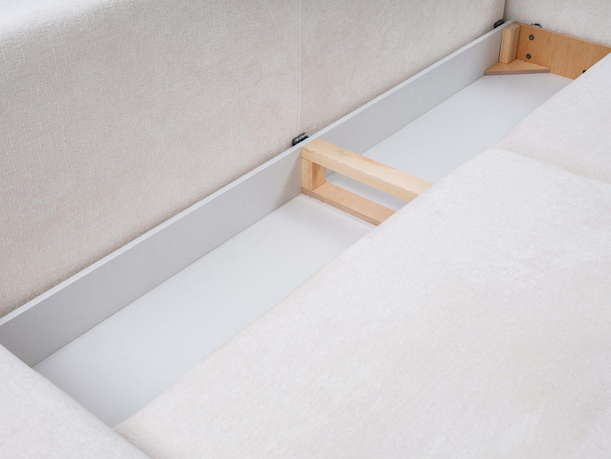 SOFA BOHO Mit Schlaffunktion Und Bettkasten, Wellenfederung, PUR-Schaum, Holzfüße, lose Rückenkissen, freistehend, 244x102x92 cm Cream - Creme, Holz/Textil (244/92/102cm) - DomoHome