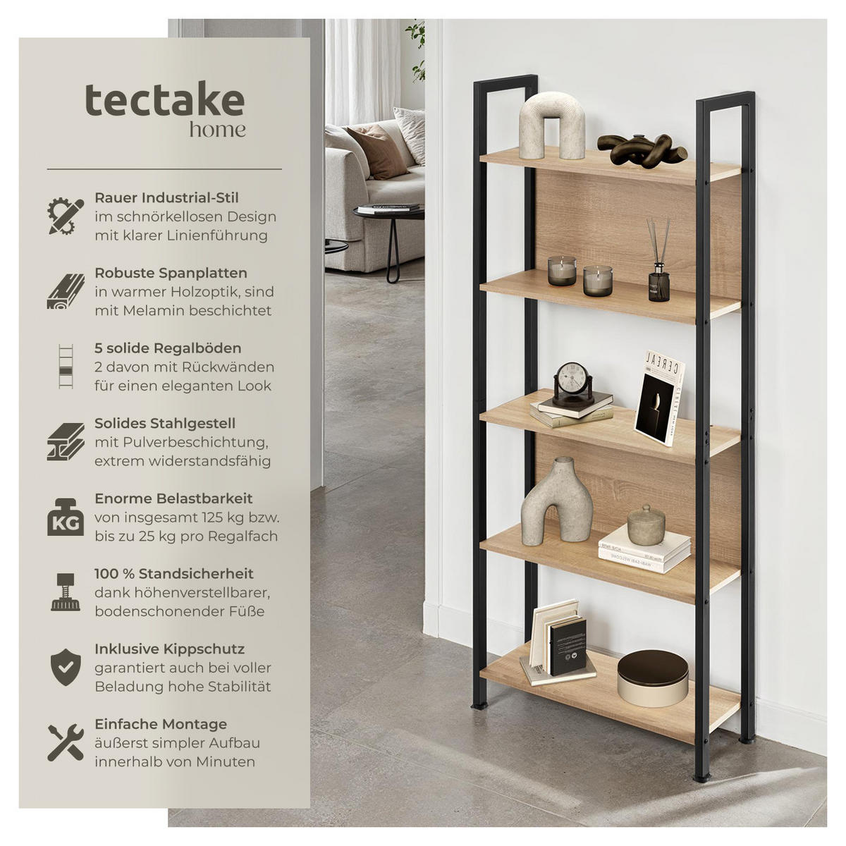 REGAL Westport,inklusive Kippschutz, 62 x 24 x 165,5 cm,Industrial Holz hell, Eiche Sonoma - Naturfarben, Holzwerkstoff (24/165.5/62cm) - tectake