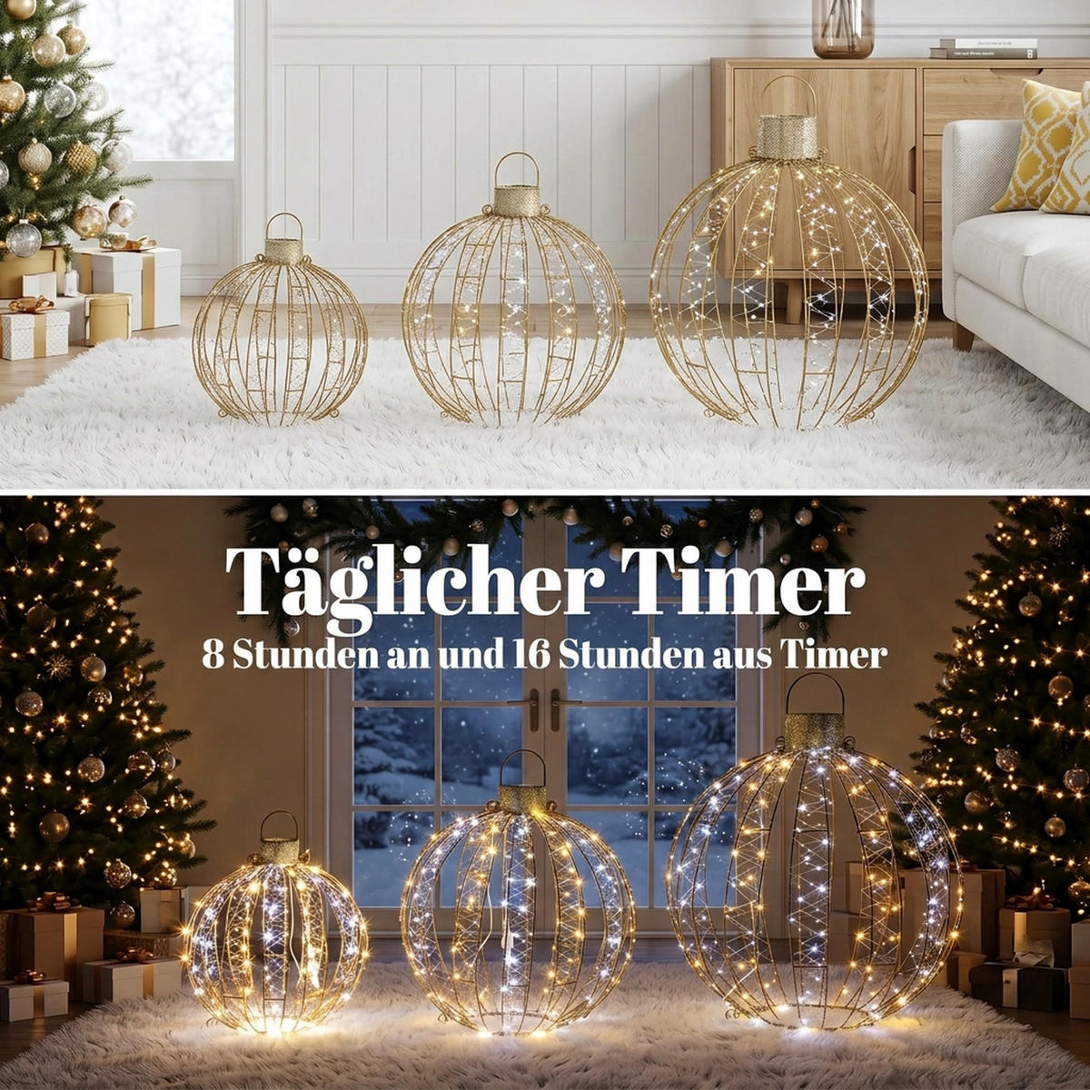 WEIHNACHTSBELEUCHTUNG 3er Set Metall Polyester Goldfarben - Goldfarben, Metall (50/60/50cm) - Outsunny