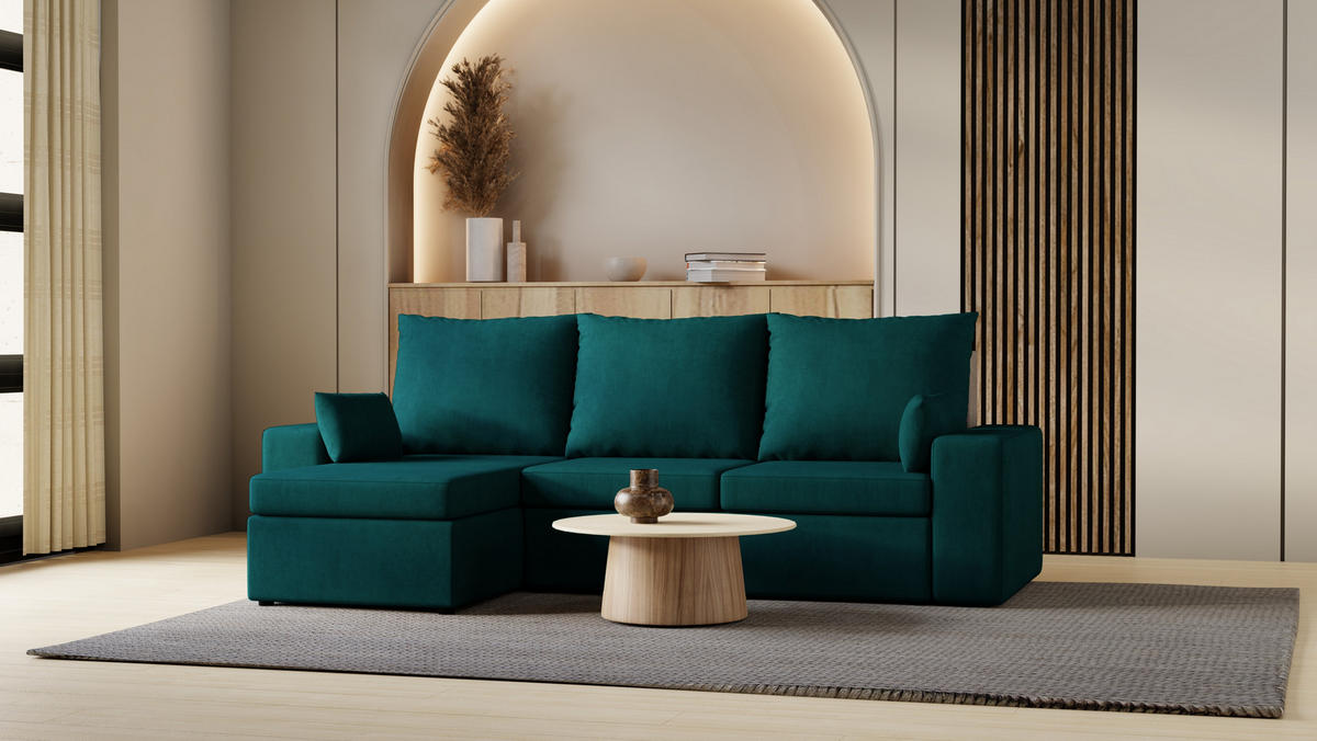 ECKSOFA Paco mit Bettkasten und Schlaffunktion, L-Form/XL-Form, Velourstoff, Universal - Türkis, Holzwerkstoff (246/145cm) - 4ALL HOME