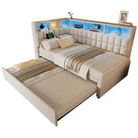 POLSTERBETT 90/200 cm mit Ausziehbett, LED, Bluetooth-Lautsprecher, USB-A/USB-C und Stauraum, Leinenoptik, Beige - Beige, Textil (90/200cm) - Redom