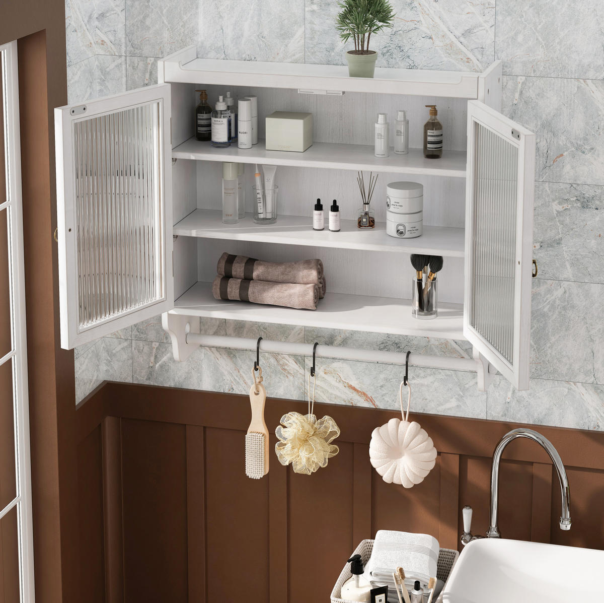 KÜCHENOBERSCHRANK 63/60/18 cm mit Glastüren, 3 Ebenen und Handtuchhalter aus Massivholz und MDF, White Washed - Weiß, Holz (63/60/18cm) - Redom