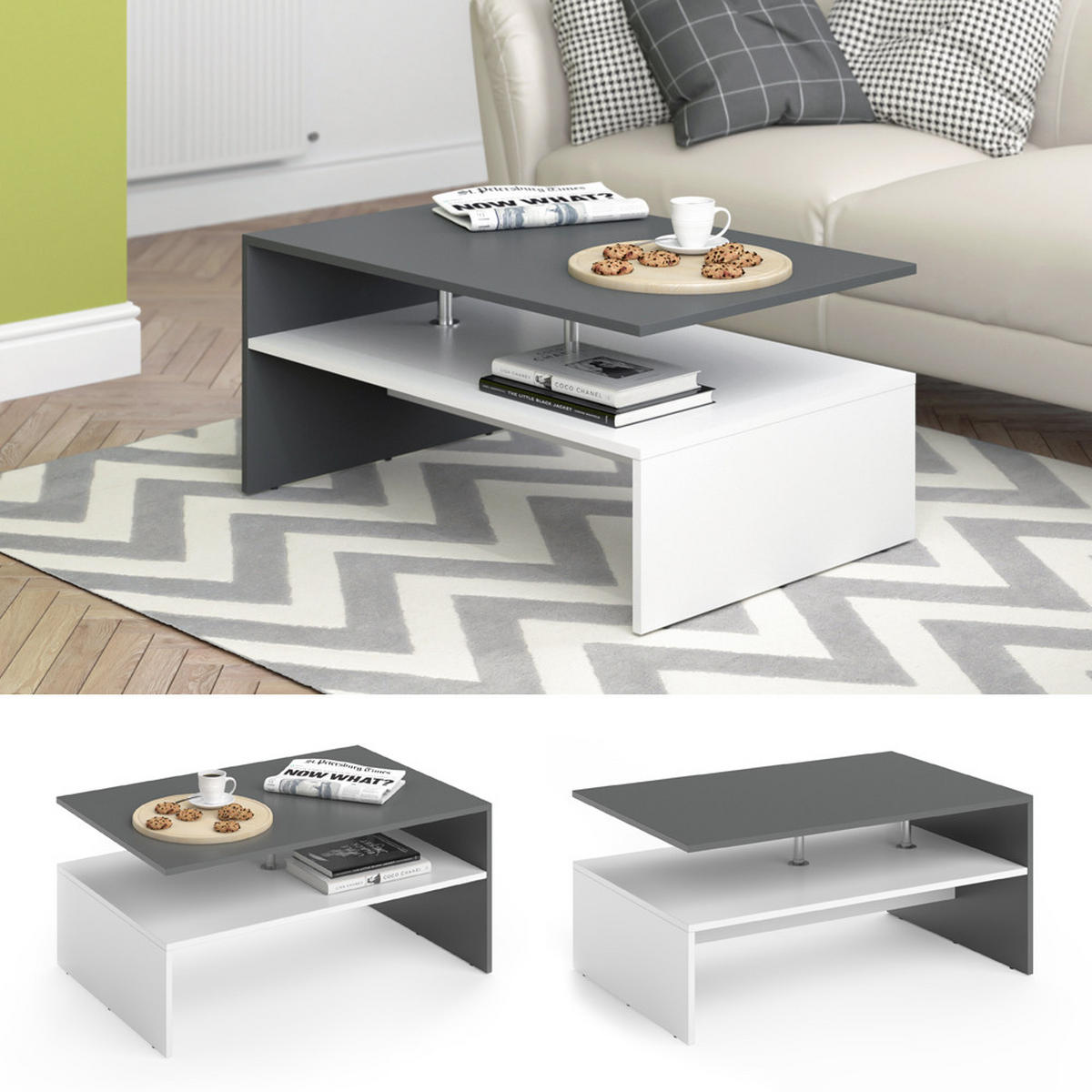 COUCHTISCH Amato Weiß/Anthrazit 90 x 60 cm - Anthrazit/Weiß, Holzwerkstoff (60/90/42cm) - Vicco