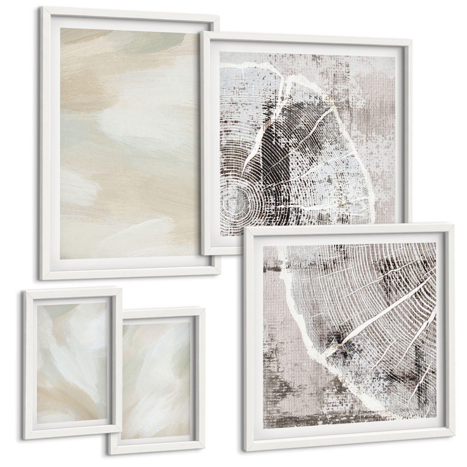 BILDER SET 5er Set - 50x50 cm & 20x30 cm & 40x60 cm Weißer Rahmen - Minimalismus der Farbstruktur - Weiß, Kunststoff (40/60cm) - TULUP