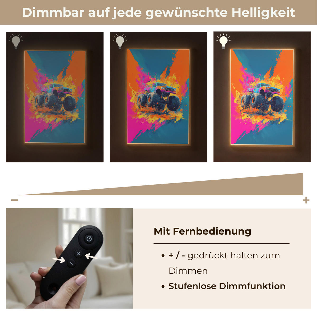 NÁSTĚNNÁ LAMPA S AKUMULÁTOREM Monster truck - Abstraktní - Stříkající barva - Barevné 70x100 cm - růžová, kompozitní dřevo (70/100/8cm) - OnlyWow