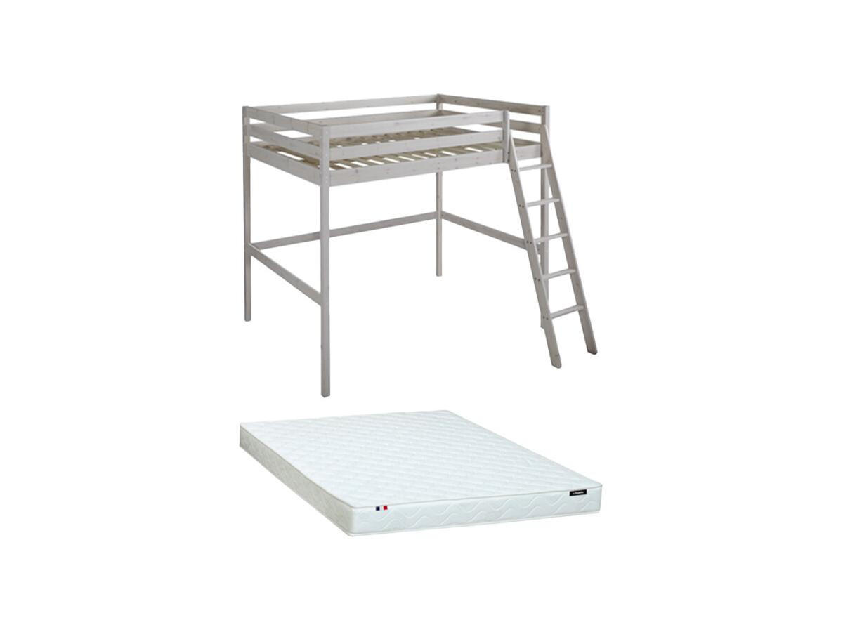 HOCHBETT + Matratze - 140 x 190 cm - Kiefer massiv - Geweißt - GEDEON II - Weiß, Holz (203.5/198cm) - Vente-Unique