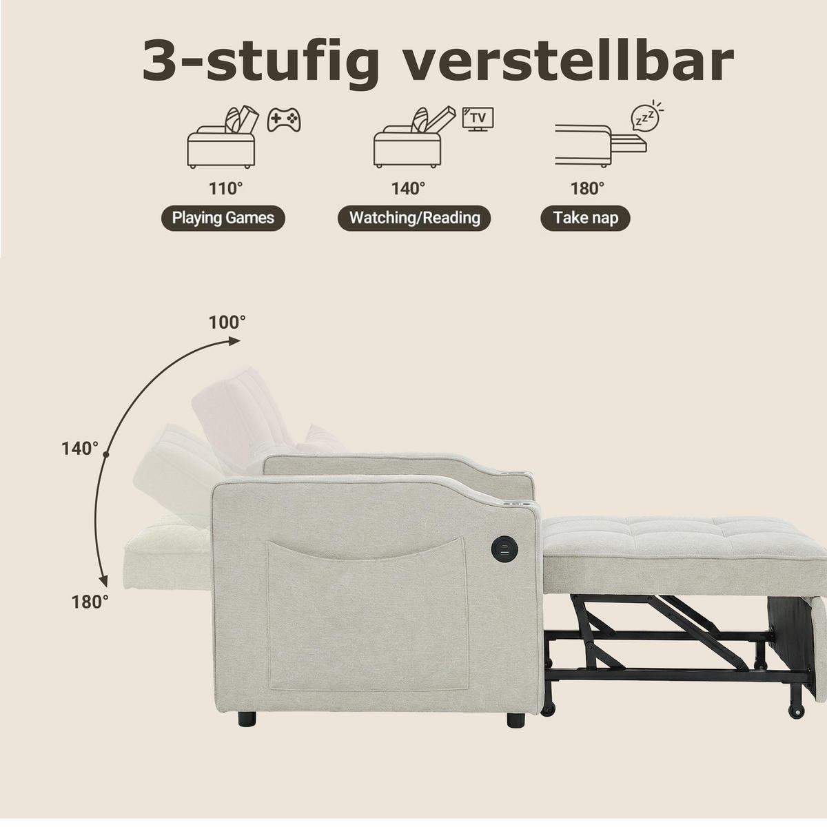 RELAXSESSEL 190/85/86 cm Beige mit USB-/Typ-C-Anschluss und Seitentasche - Beige, Textil (190/86/85cm) - Oxeza