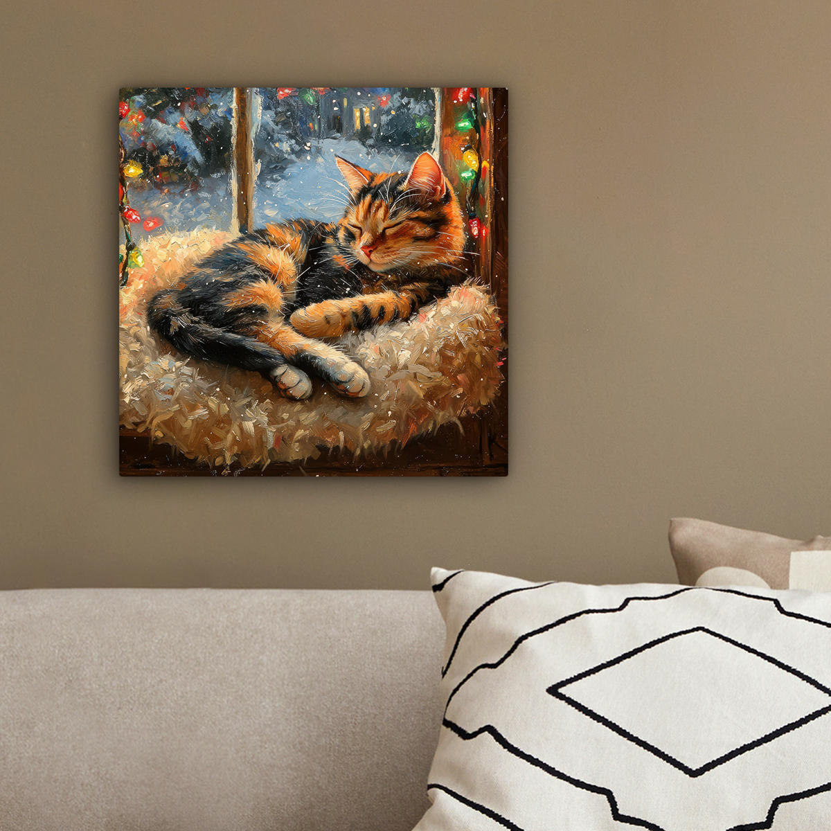 LEINWANDBILD Katze - Weihnachten - Winter - Tier 20x20 cm - Bernsteinfarben, Textil (20/20cm) - MuchoWow