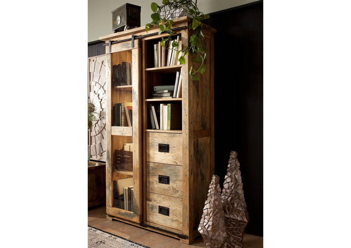 VITRINE Mango 100x45x175 natur lackiert RAILWAY #126 - Braun, Holz (100/175/45cm) - Massivmoebel24