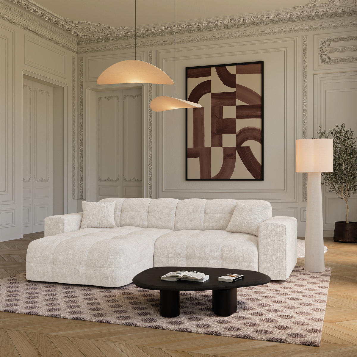 ECKSOFA (links) COCOON Geprägter Samt Creme 230cm - Creme, Textil (230/155cm) - Premium Interiors