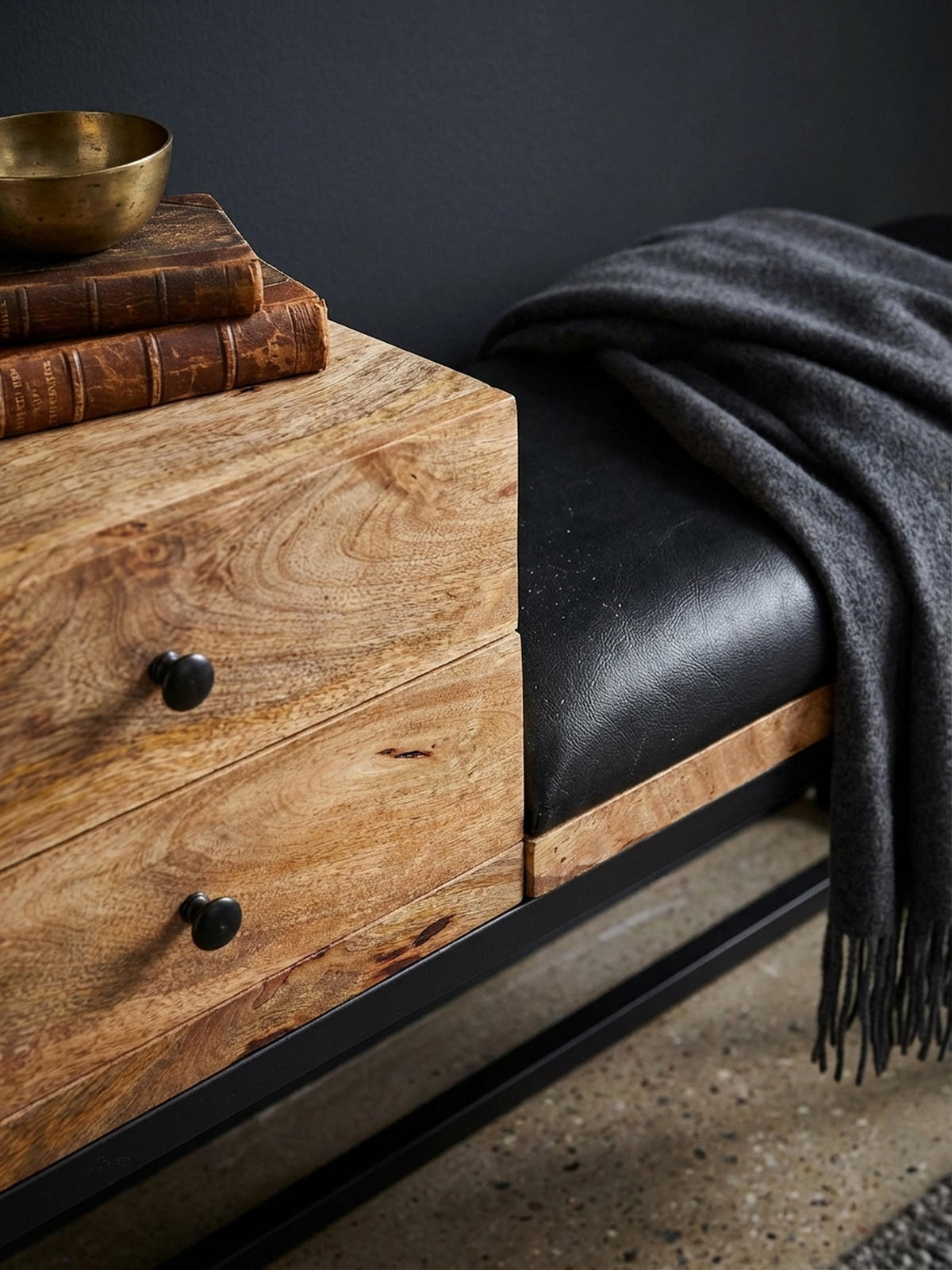 SITZBANK – Ziegenleder/Metall, Schubladen, Retro-Stil - Schwarz/Braun, Leder/Metall (100/60/35cm) - KADIMA DESIGN