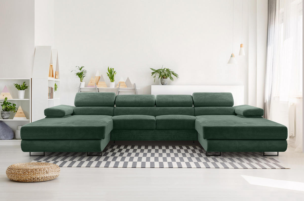WOHNLANDSCHAFT Arborio Dunkelgrün 352/202/90 cm mit Schlaffunktion - Dunkelgrün/Schwarz, Textil/Metall (352/90/202cm) - AX Living