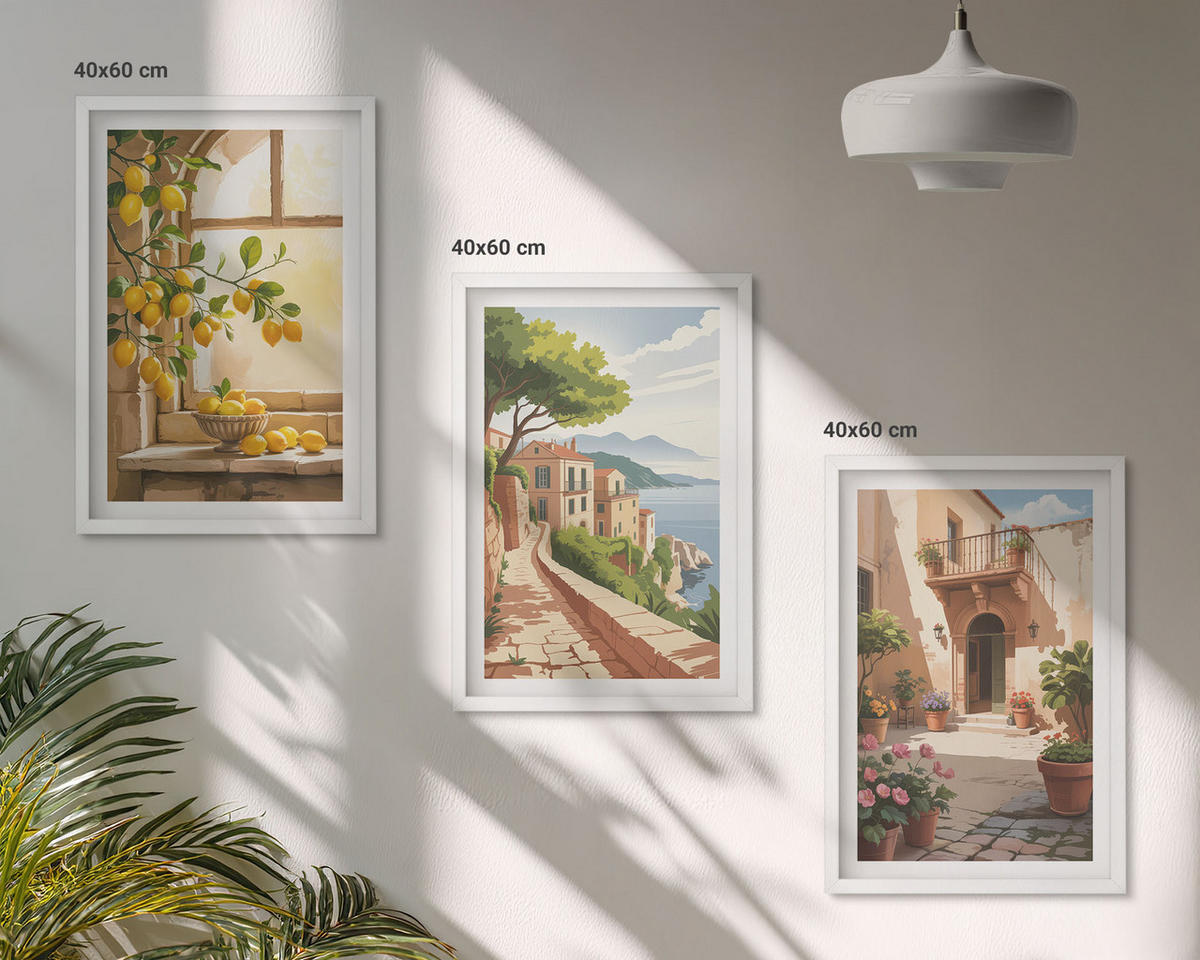 BILDER SET 3er Set - 40x60 cm Weißer Rahmen - Zitrusfrüchte in der Küchenmeerstadt - Weiß, Kunststoff (40/60cm) - TULUP