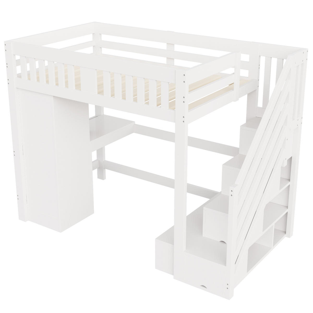 HOCHBETT 140/200 cm mit Stauraumtreppe, Kleiderschrank, Schreibtisch, LED-Beleuchtung und Bank, Weiß - Weiß, Holz (140/200cm) - Redom