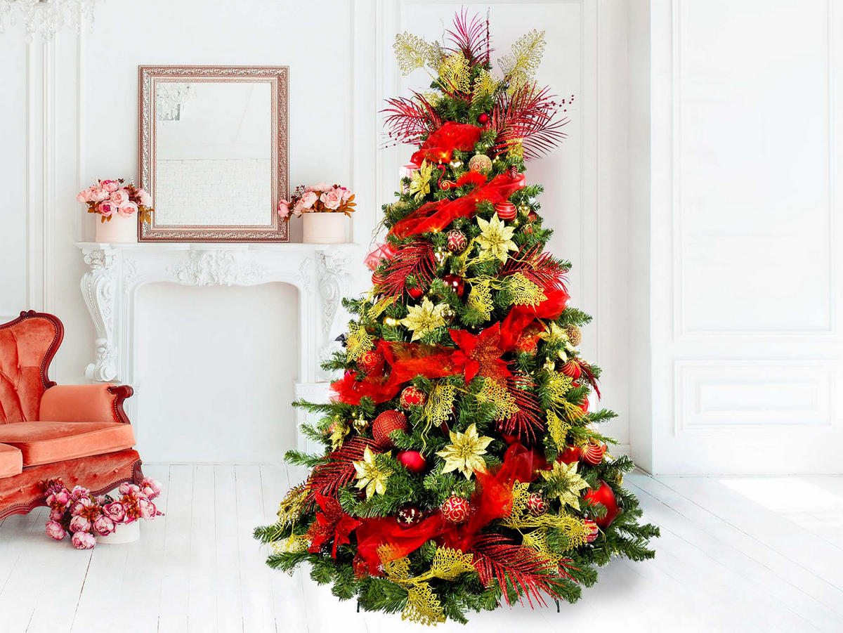LAALU WEIHNACHTSBAUM geschmückt künstlich mit 152 Ornamenten PREMIUM CAESAR 180 cm Baum mit Ständer und Weihnachtsornamenten - Rot/Grün, Kunststoff (180cm) - LAALU