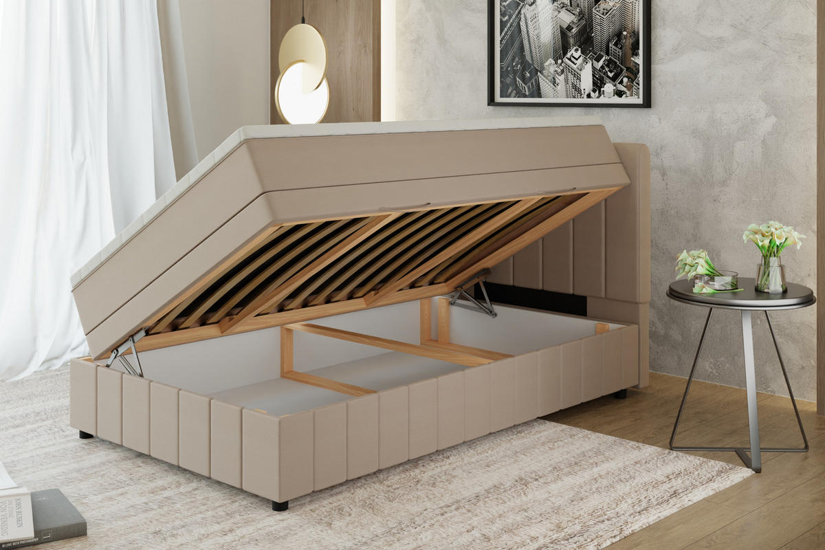 BOXBETT AVALON 120 x 200 cm mit Bettkasten und Topper - Beige - Beige, Holz - Panda Möbel