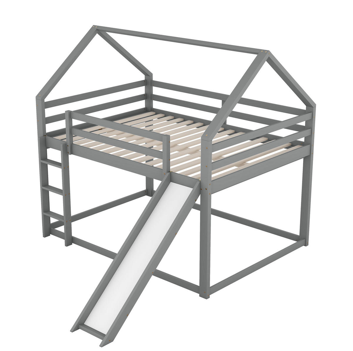 HAUSBETT 140/200 cm in Grau mit Rutsche und Leiter - Grau, Holz (140/200cm) - BEAOK