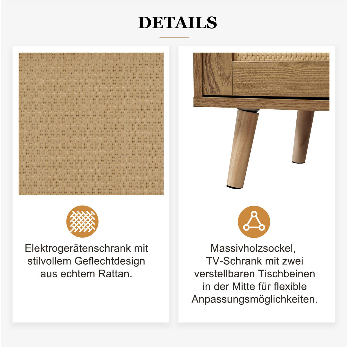 TV-SCHRANK Eichenoptik mit Rattan-Design und Massivholzfüßen 200 × 37 × 49 cm aus Spanplatte - Eichefarben, Holzwerkstoff (200/49/37cm) - Luhomfu