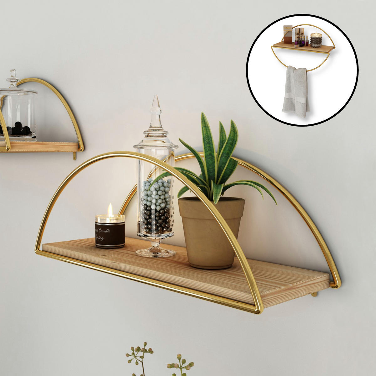 BADEZIMMERREGAL Mynämäki - Goldfarben/Naturfarben, Holz/Metall (39/17/16cm) - [en.casa]
