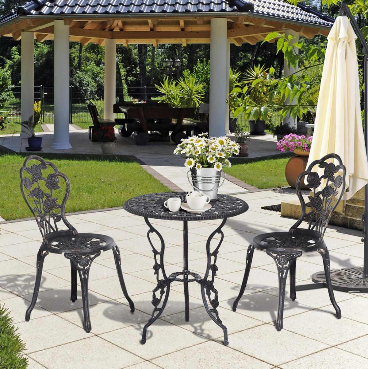 BISTROSET 60/60/67 cm, 3-teilig mit Schirmöffnung und Gussrosenmuster, Metall, Bronze - Bronzefarben, Metall - Redom