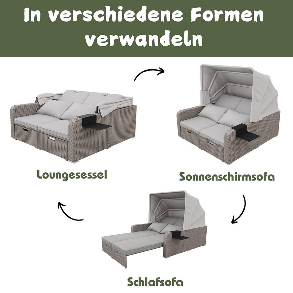 LOUNGESOFA Abnehmbare Markise in Khaki - Cappuccino, Textil (126/152/130cm) - KOMHTOM