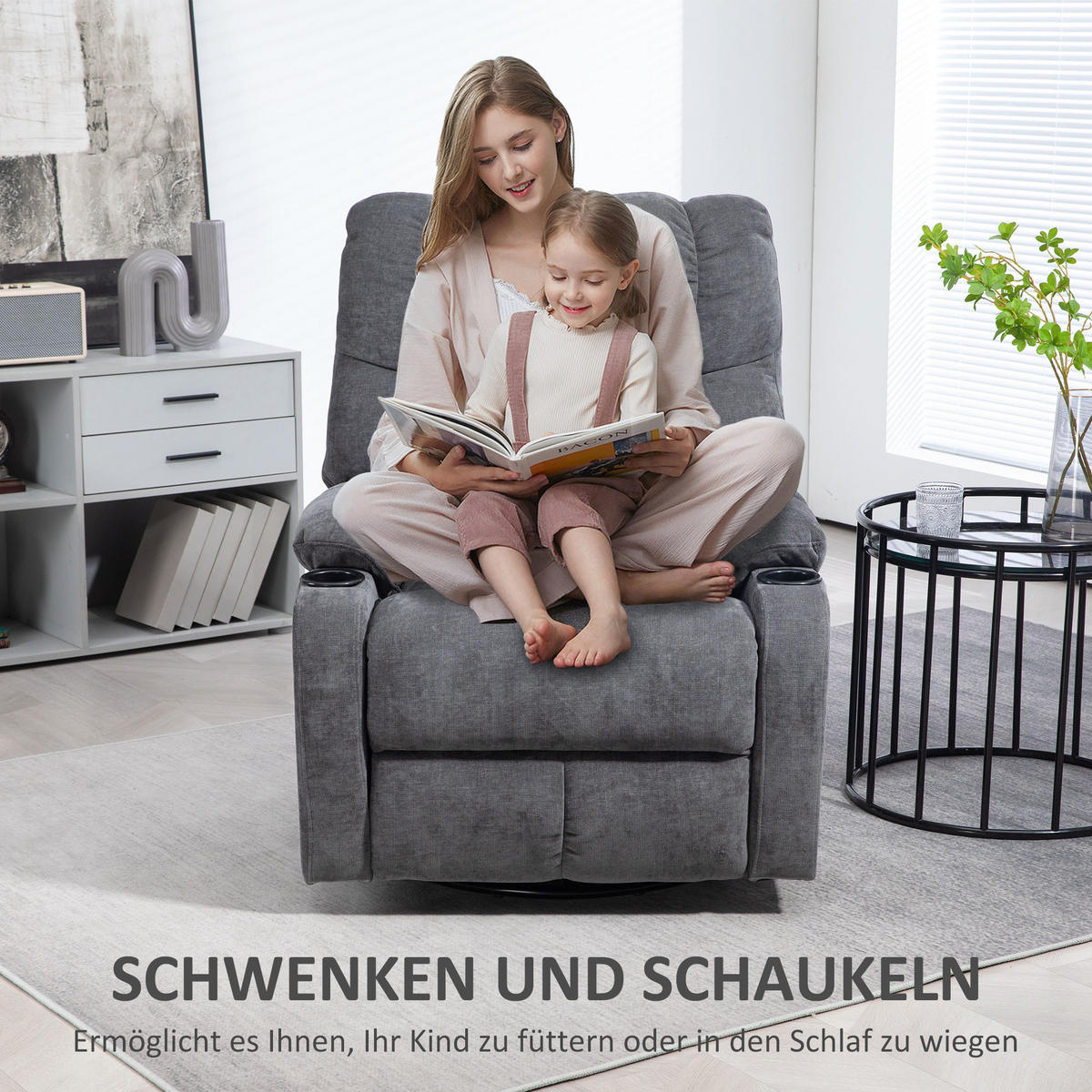 RELAXSESSEL Drehbar Fernsehsessel mit Liegefunktion, Schaukelfunktion Dunkelgrau - Dunkelgrau/Schwarz, Textil/Metall (96/108/88cm) - HOMCOM
